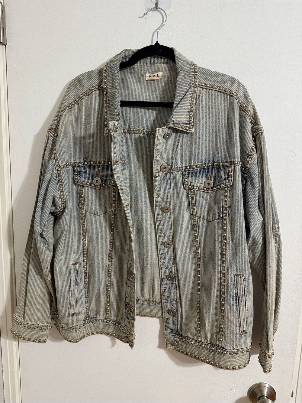POL Stud-Trim Light Wash Denim Jacket